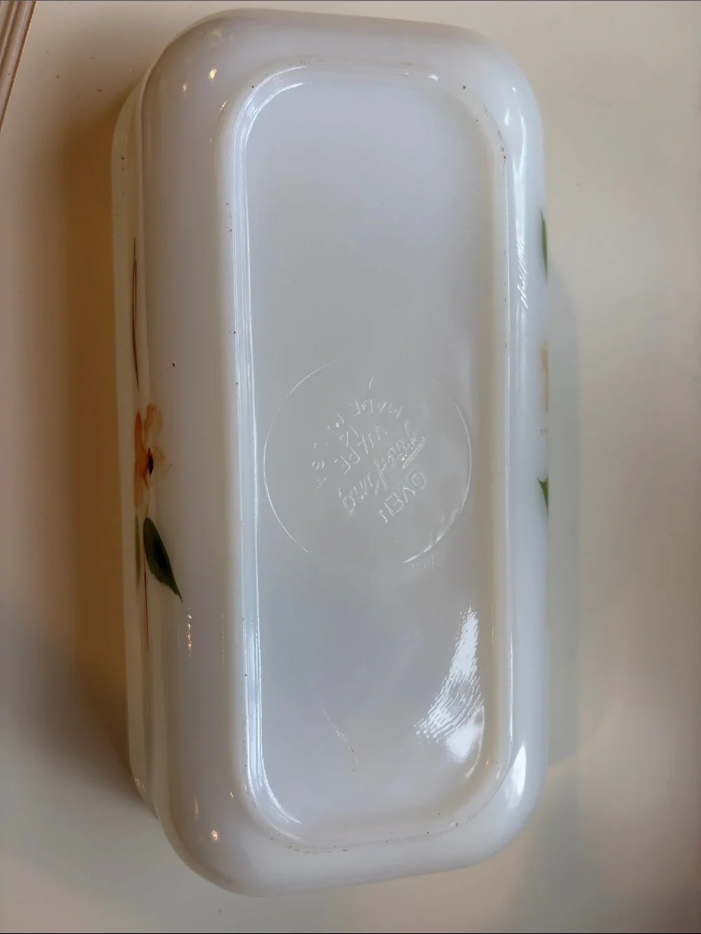 Fire King White Milk Glass Floral Loaf Pan with Orange and Green Flowers